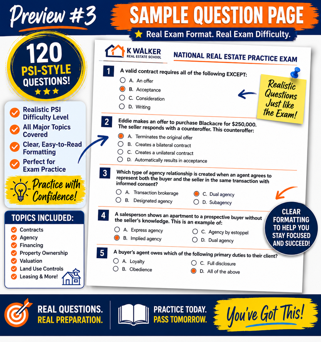 Real Estate Exam Practice Bundle | 160 PSI-Style Questions with Answer Explanations PDF